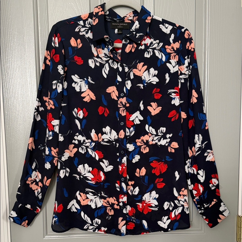 Banana Republic Navy Floral Button-Down Shirt with Red, White & Blush Accents